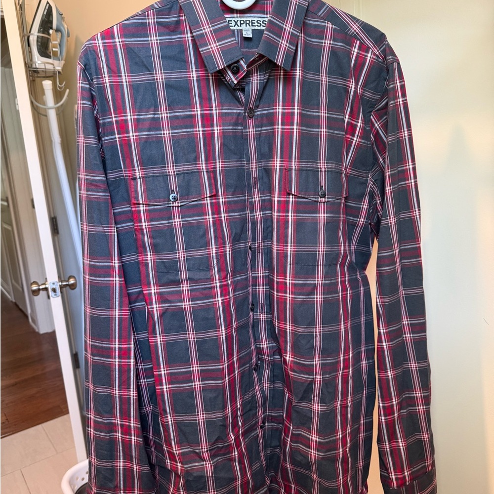 Express Men’s Red & Grat Plaid Button-Up Shirt